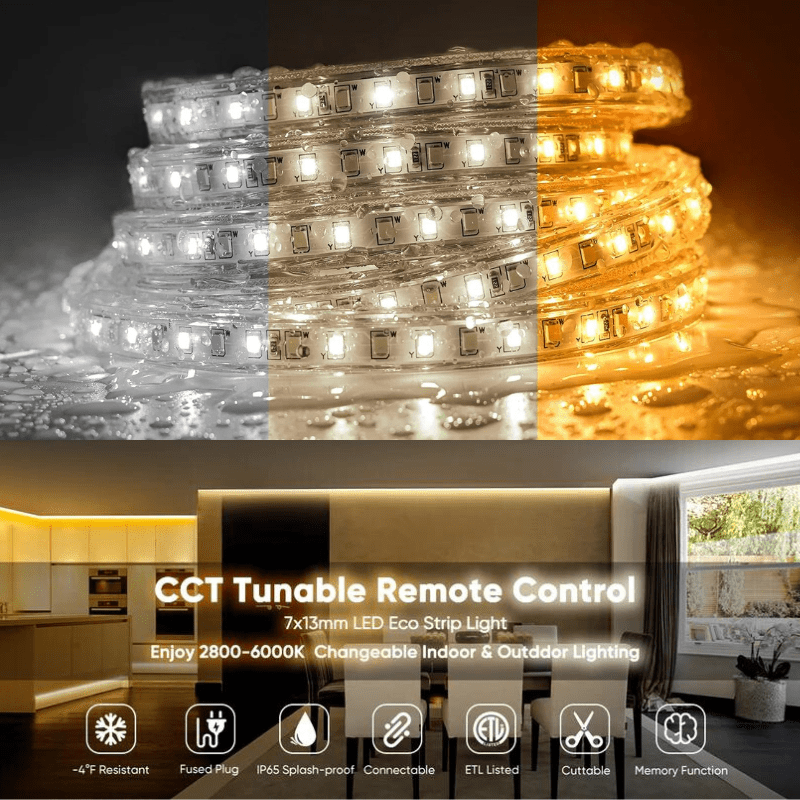 110-120V - CCT Adjustable White LED Strip with Remote (2800K/4500K/6000K)- IP65 Suitable for Outdoor applications, ETL, CE, RoHS Certified