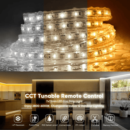 110-120V - CCT Adjustable White LED Strip with Remote (2800K/4500K/6000K)- IP65 Suitable for Outdoor applications, ETL, CE, RoHS Certified