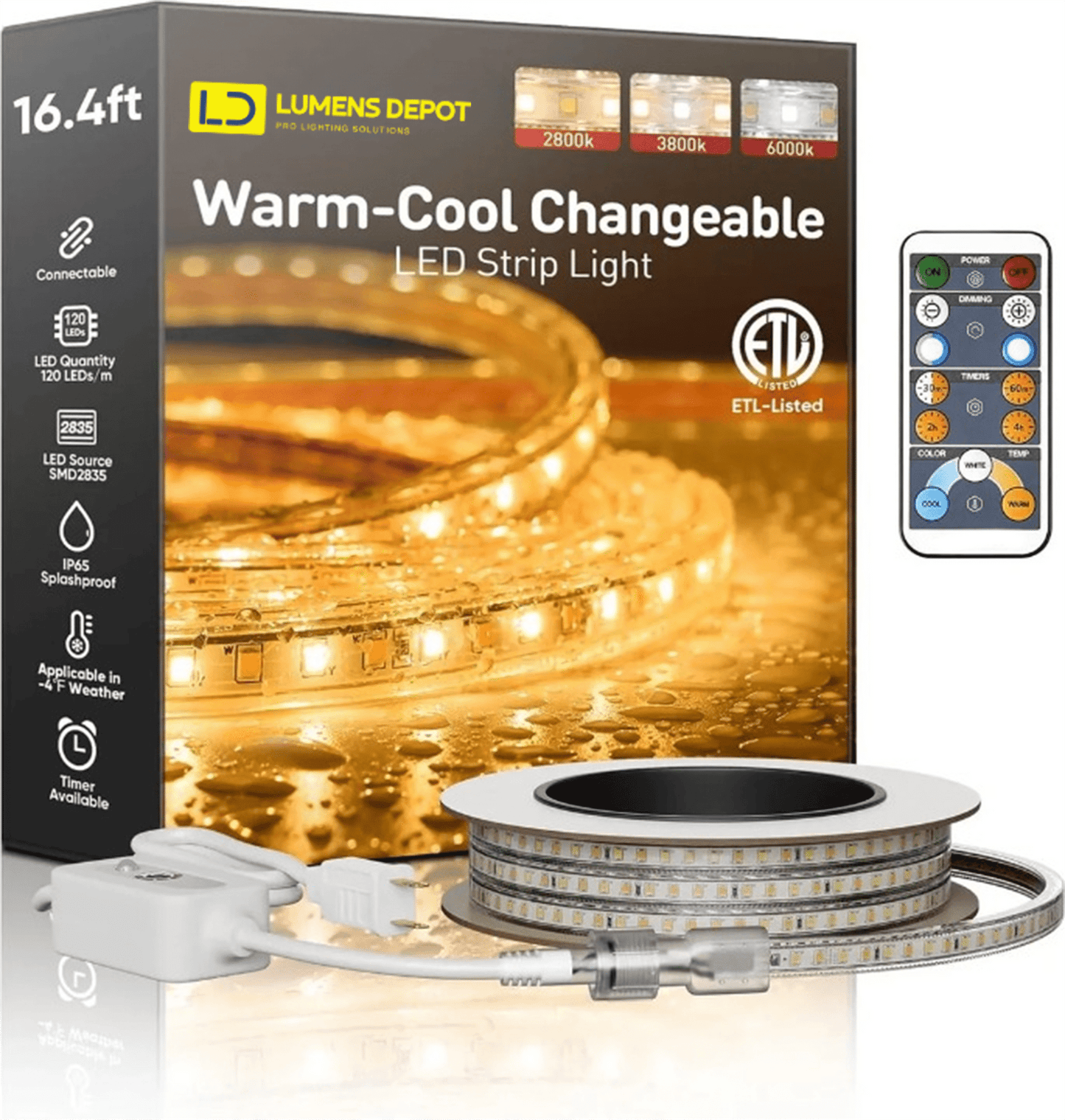 110-120V - CCT Adjustable White LED Strip with Remote (2800K/4500K/6000K)- IP65 Suitable for Outdoor applications, ETL, CE, RoHS Certified