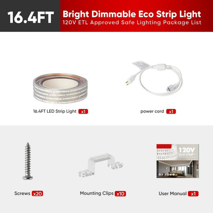 110V Eco LED Strip Light, 6000K Warm White, Energy-Efficient, 331 Lumens per Meter