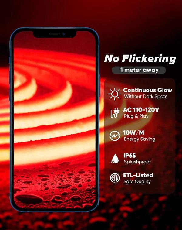 110V High-Intensity COB LED Neon Rope Light Red, 800 Lumens/M