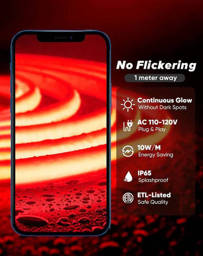 110V High-Intensity COB LED Neon Rope Light Red, 800 Lumens/M