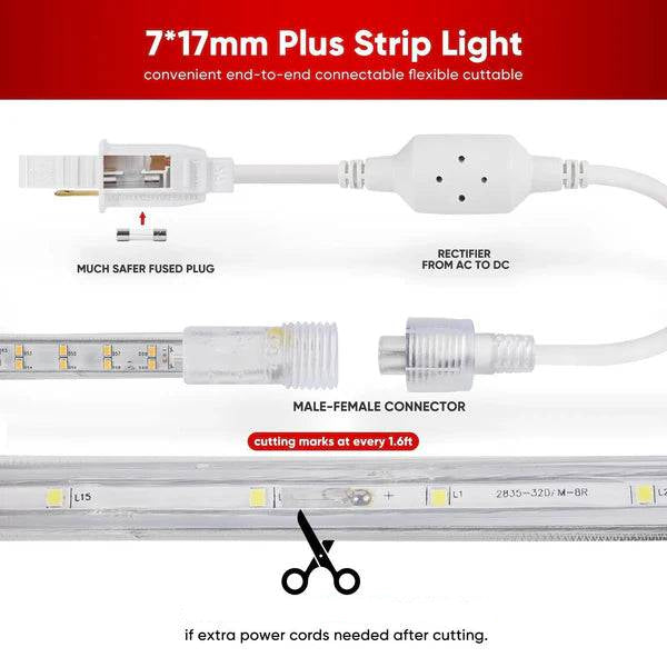 110V Super Bright Double Row LED Strip, Warm White 2800K, 510 Lumens/M
