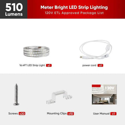 110V Super Bright Double Row LED Strip, Cool White 6000K, 510 Lumens per Meter