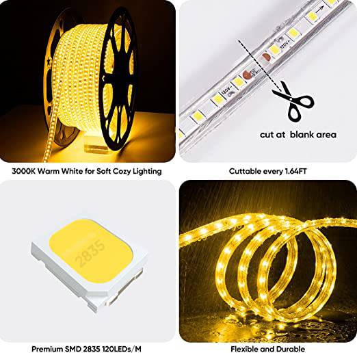 110V Premium 3000K Warm White LED Strip, 430 Lumens