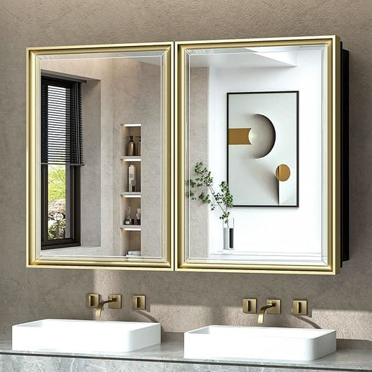 Gold Frame Medicine Cabinet with Double Doors – Wall Mounted Bathroom Storage Mirror