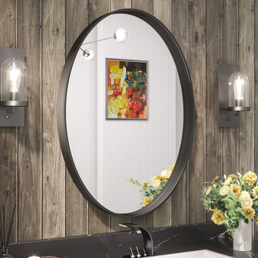 Black Oval Metal Frame Mirror – Modern Wall-Mounted Bathroom and Entryway Mirror