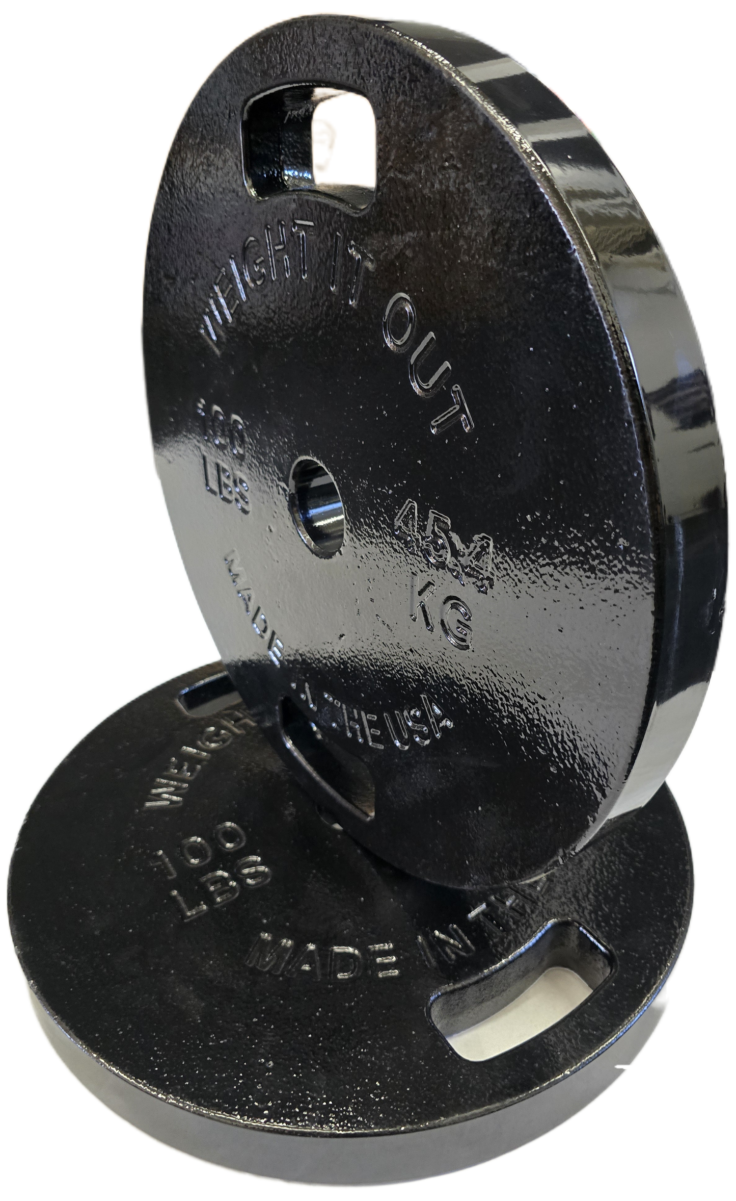 Cast Iron Machined Weight Plate Pairs - perspective view 100 lbs (black finish)