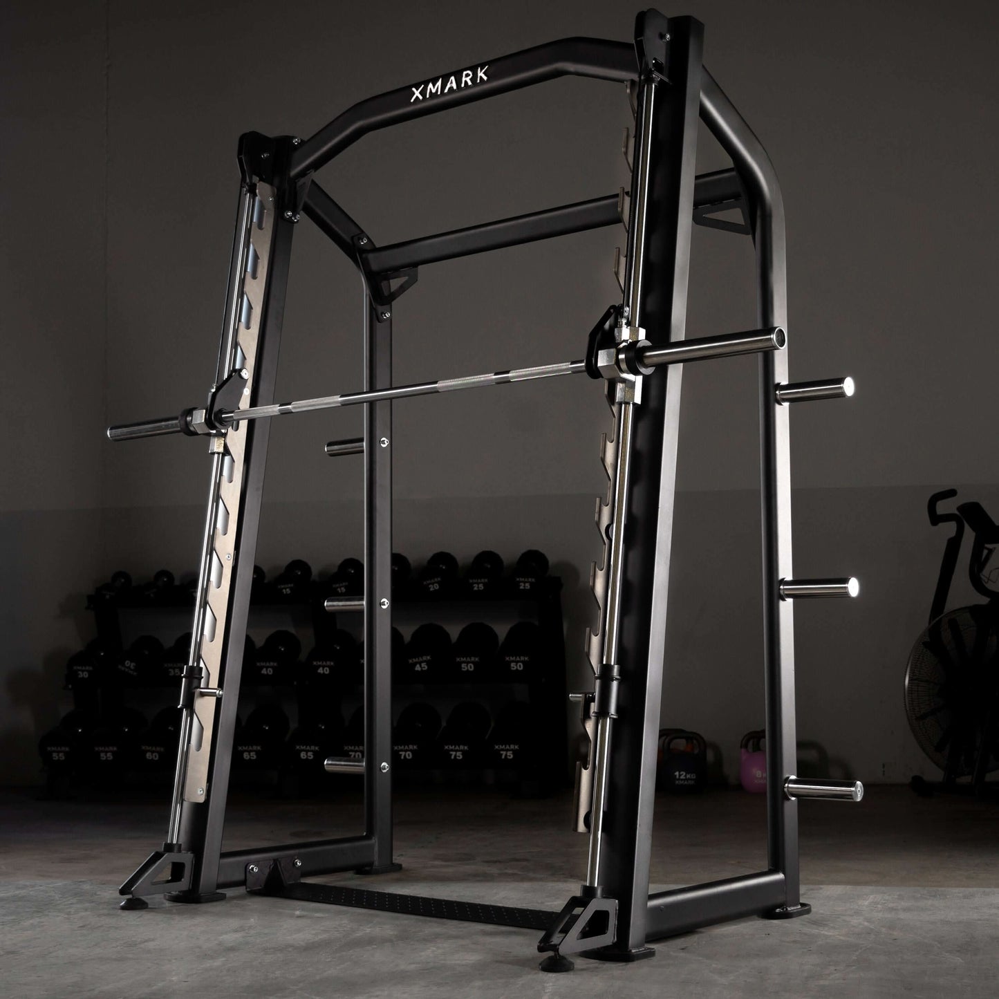 Commercial Smith Machine with heavy-duty steel, 7° angled uprights, and self-spotting features for safe workouts.