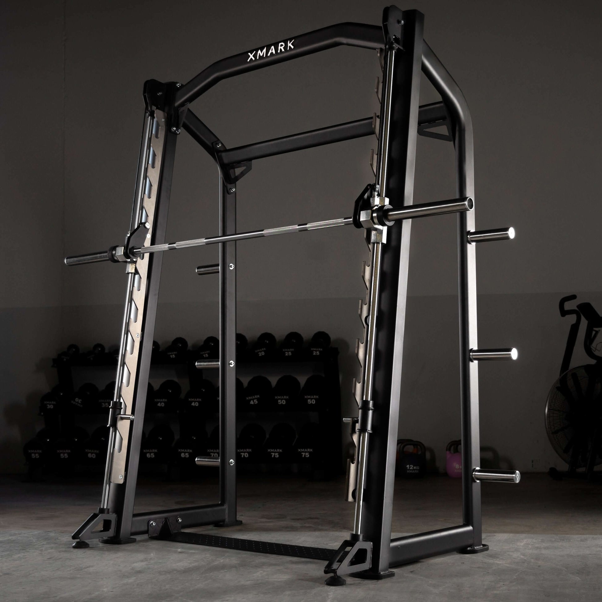 Commercial Smith Machine with heavy-duty steel, 7° angled uprights, and self-spotting features for safe workouts.