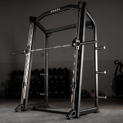 Commercial Smith Machine with heavy-duty steel, 7° angled uprights, and self-spotting features for safe workouts.
