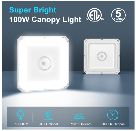LED Canopy Light - Bult-in Photocell, 100W/80W/60W, 4500K-5700K, 13,500 Lumens, 100-277 VAC