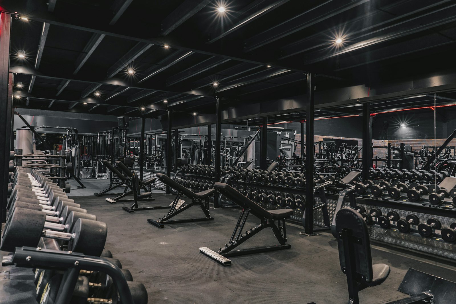 Completed gym floor with machines and free weights