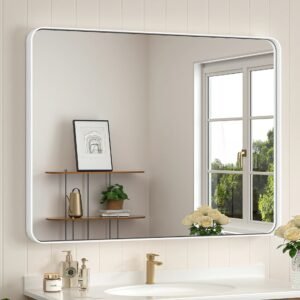 White Hard Corner Thin Frame Metal Mirror – Modern Rectangular Wall-Mounted Mirror with Shatterproof Copper-Free Glass