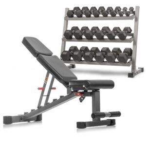 5-50 lb Hex Dumbbell Set with Rack and Weight Bench