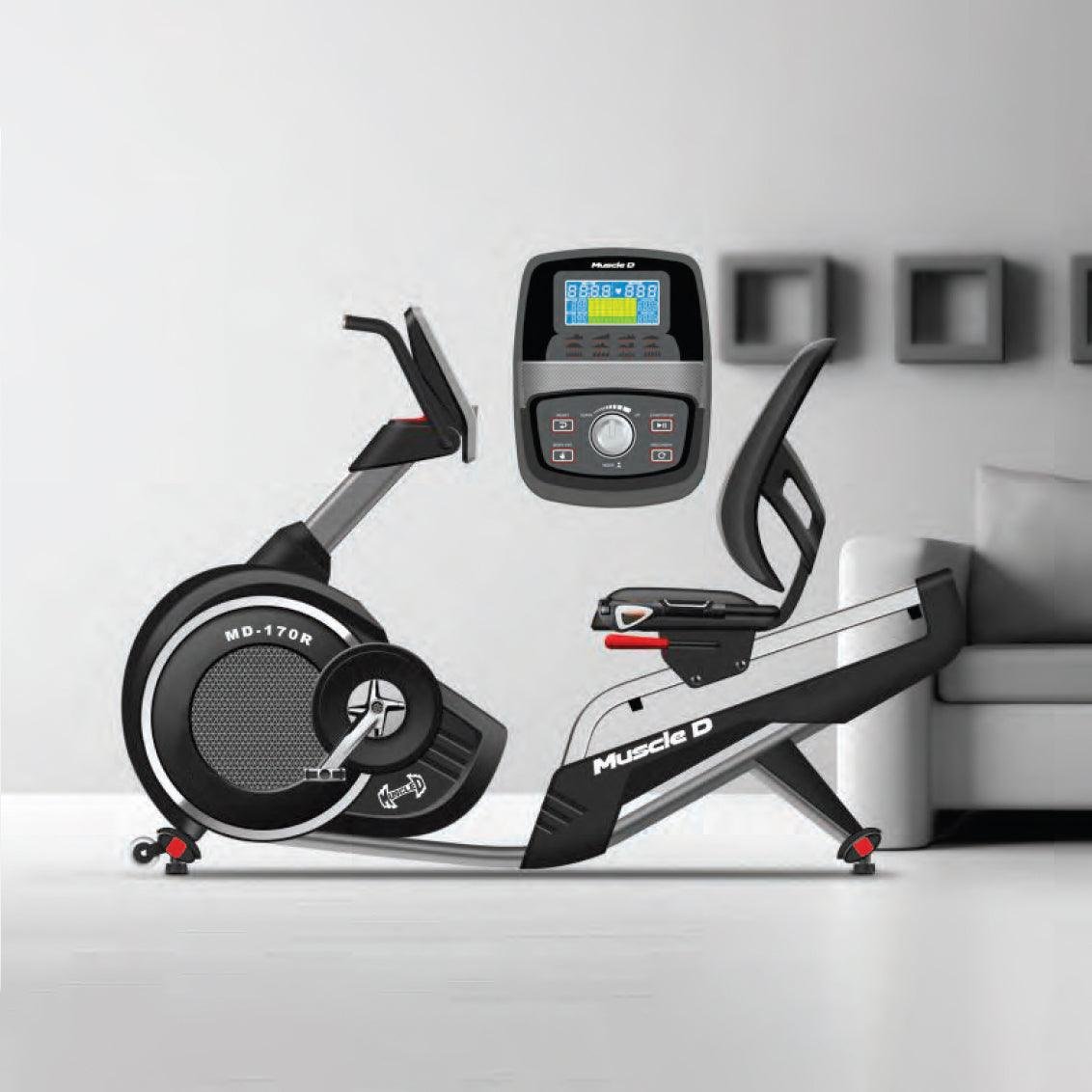 Light Commercial Recumbent Bike - Muscle D Fitness - LED Display - Heart Rate Monitor - Adjustable Seat - On Wheels for Easy Movement
