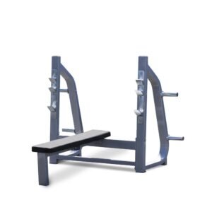 Olympic Flat Bench - Muscle D Fitness - 11 Gauge Steel - Commercial Upholstery - Weight Storage Pegs
