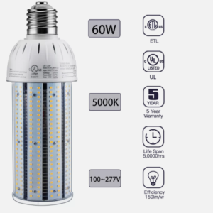 LED Corn Bulb, 60W, 6600 lumens, 5000K Daylight, E39 Mogul Base, 100-277 VAC