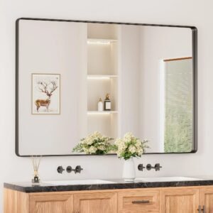 Black Hard Corner Thin Frame Metal Mirror – Modern Minimalist Wall-Mounted Bathroom - Bedroom - and Entryway Mirror