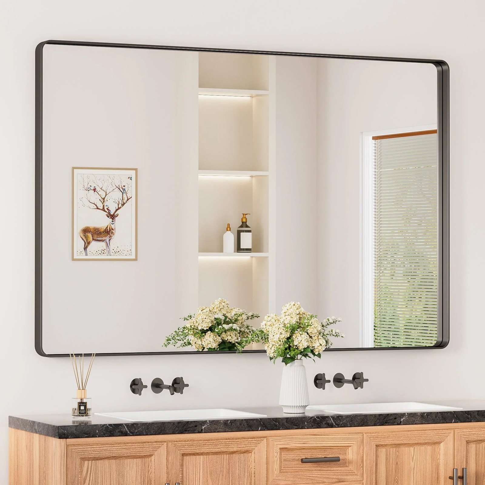 Black Hard Corner Thin Frame Metal Mirror – Modern Minimalist Wall-Mounted Bathroom - Bedroom - and Entryway Mirror