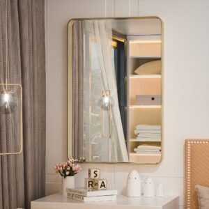 Gold Round Corner Metal Frame Mirror – Rectangular Wall Mirror with Shatterproof Glass - Vertical or Horizontal Mount – Modern Luxury Accent
