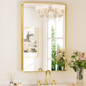 Gold Hard Corner Thin Frame Metal Mirror – Modern Wall-Mounted Bathroom - Bedroom - and Entryway Mirror