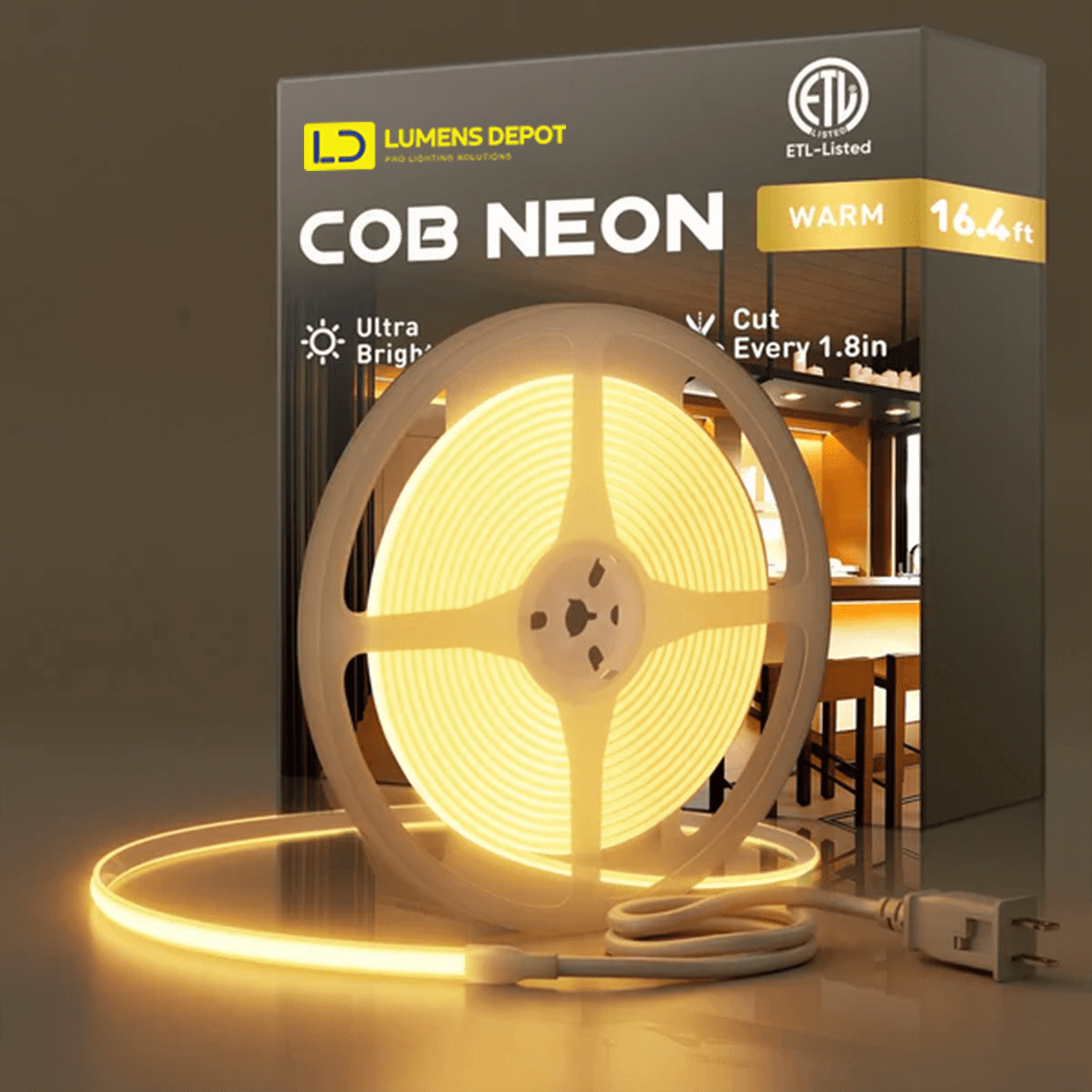 110-120V Warm White(2800K) COB LED Neon Rope(10mmX4.5mm)-Peel and Stick Tape Light, IP65 Splash Proof, Cuttable, dimmable, can hardwire