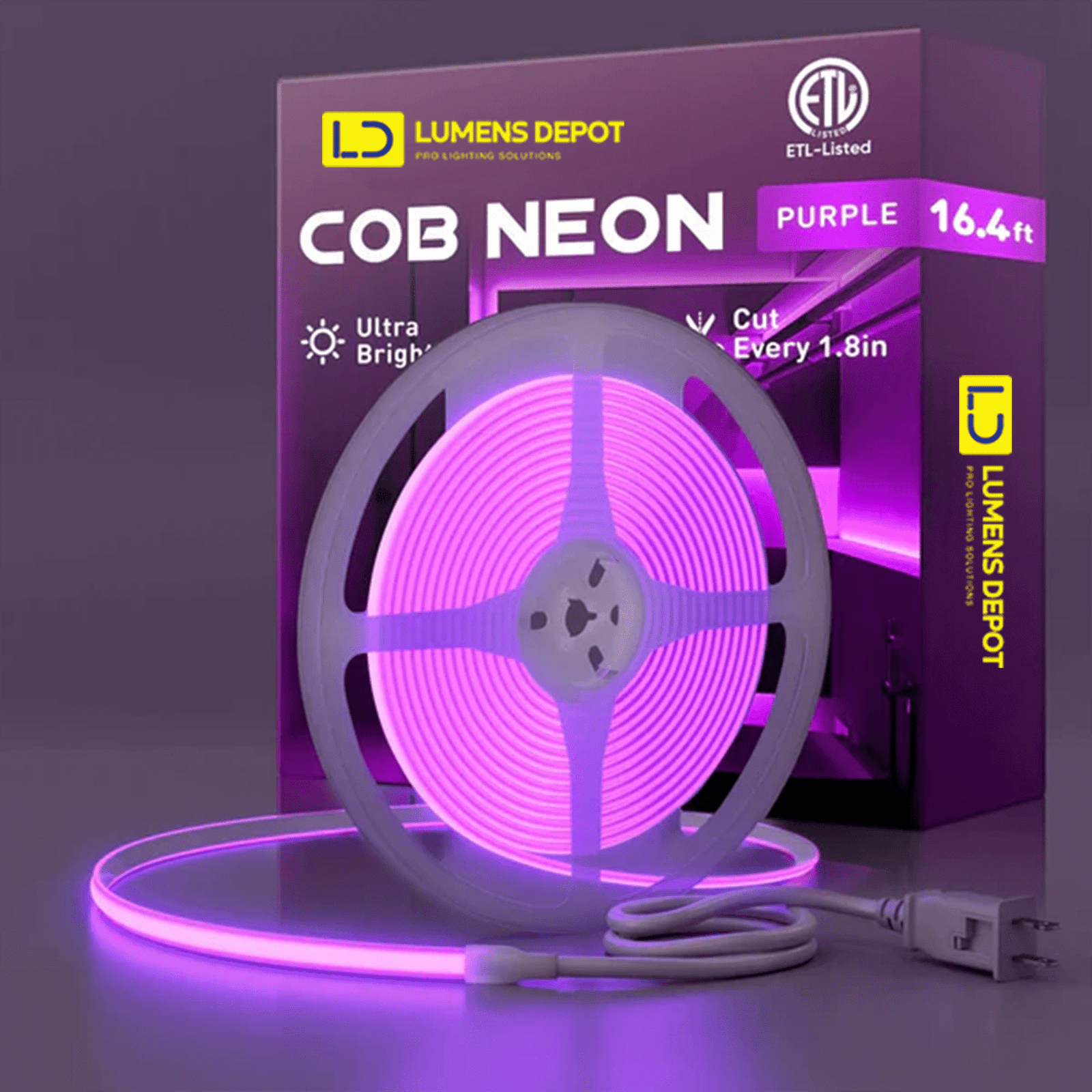 110-120V Purple COB Peel and Stick Tape Light (10mmx4.5mm),IP65, Cuttable, dimmable, flicker-free - Plug and Play and Could Be hardwired