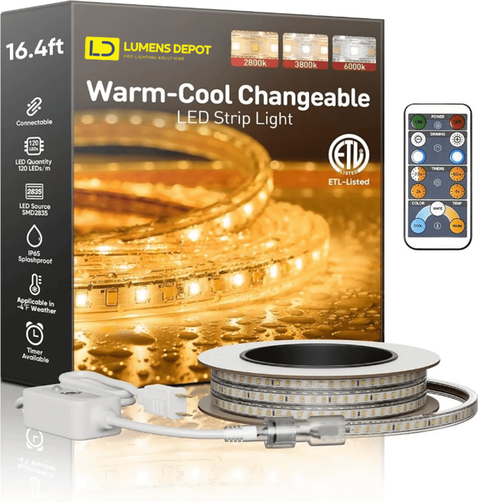 110-120V - CCT Adjustable White LED Strip with Remote (2800K/4500K/6000K)- IP65 Suitable for Outdoor applications, ETL, CE, RoHS Certified
