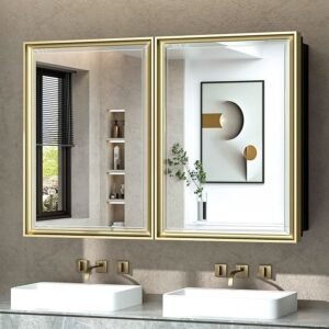 Gold Frame Medicine Cabinet with Double Doors – Wall Mounted Bathroom Storage Mirror